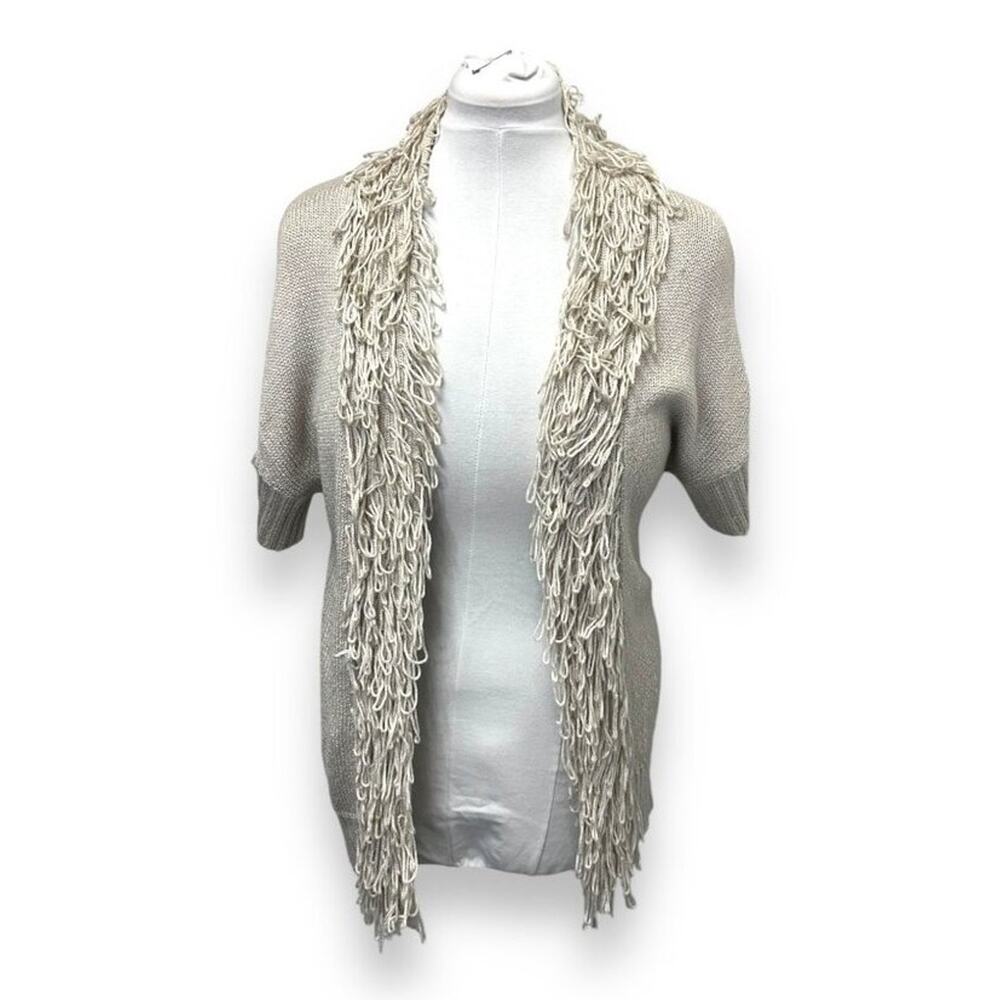 Mac & Jac Women’s Short Sleeve Open Front Fringe Knit Sweater Cardigan Cream S